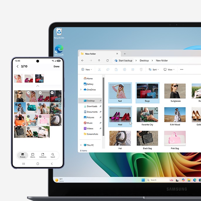 펼쳐진 갤럭시 북6와 코발트 바이올렛 색상의 갤럭시 S26 울트라가 있습니다. 갤럭시 북6의 화면에는 스마트폰의 화면에 있는 똑같은 사진들이 담긴 새로운 폴더가 있습니다. 이를 통해 사용자가 갤럭시 기기를 오가며 얼마나 원활하게 작업할 수 있는지 강조하고 있습니다.